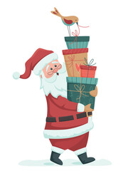 Christmas greeting banner with cute Santa Claus and gift boxes. Santa Claus brought gifts for Holidays. Christmas delivery concept isolated on white. Vector illustration in retro style
