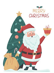 Merry Christmas and Happy New Year greeting card with cute Santa Claus, Xmas tree and bag of gifts box. Santa Claus brought gifts for Christmas. Vector illustration in retro style isolated on white