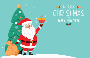 Merry Christmas and Happy New Year greeting banner with cute Santa Claus, Xmas tree and bag of gifts box. Santa Claus brought gifts for Christmas.  Vector illustration in retro style