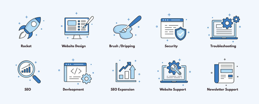 The set contains vital elements for online success, including SEO expansion, website support, newsletter assistance, troubleshooting, security measures, development, creative design, and more.