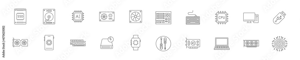 Poster set of icons with objects related to computer hardware in linear style. vector illustration.