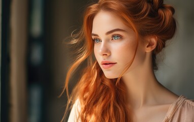 Fototapeta premium Beautiful young long red headed woman with braids