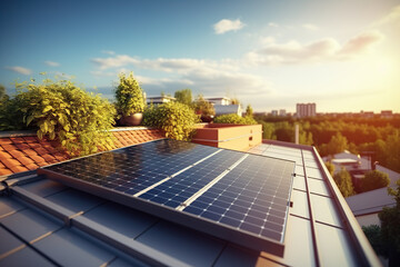 Harnessing the Sun's Power Solar Panels on a New Building's Roof Under a Blue Sky, Promoting Sustainable and Clean Energy at Home. created with Generative AI