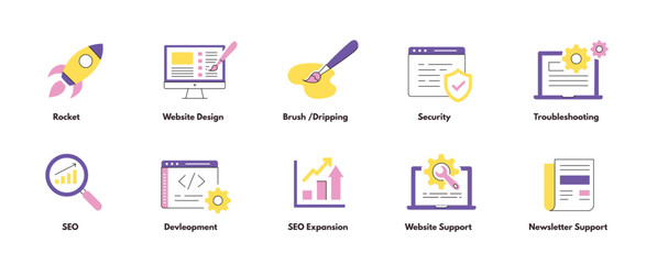 The set contains vital elements for online success, including SEO expansion, website support, newsletter assistance, troubleshooting, security measures, development, creative design, and more.