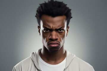 Obraz premium grim young adult African American man, head and shoulders portrait on grey background. Neural network generated photorealistic image. Not based on any actual person or scene.