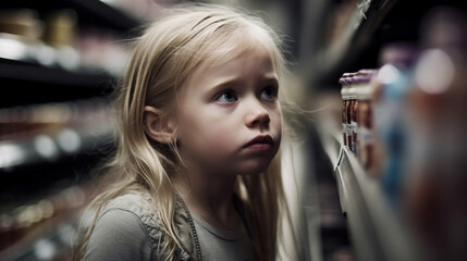 Fototapeta na wymiar Portrait of a girl against a background of grocery shelves. AI Generated