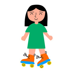 Outdoor activity. Smiling girl roller skating. Flat design. Vector hand drawn illustration