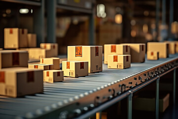 Efficient Warehousing Closeup of Multiple Cardboard Box Packages on Conveyor Belt in E-commerce and Fulfillment Center. created with Generative AI