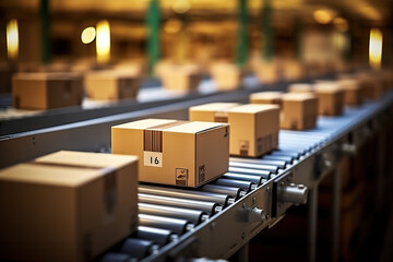 Efficient Warehousing Closeup of Multiple Cardboard Box Packages on Conveyor Belt in E-commerce and Fulfillment Center. created with Generative AI