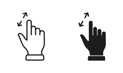 Zoom Gesture by Hand Finger Line and Silhouette Black Icon Set. Enlarge Screen, Rotate Screen Pictogram. Gesture Slide Up and Down Symbol Collection. Isolated Vector Illustration