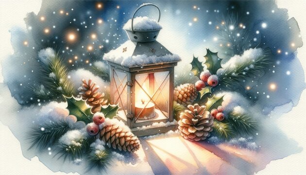 Serene snowy scene with an illuminated lantern shedding light on snow-covered pinecones and holly berries, showcasing a magical Christmas atmosphere.