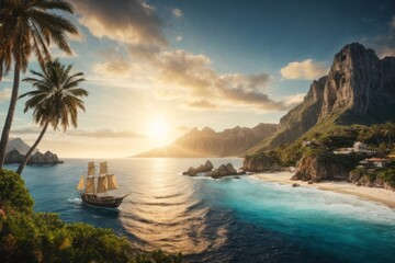 Paradise coast, island, boats and ships at sea, palm trees and mountains at sunset. Travel, tourism, landscape concepts - obrazy, fototapety, plakaty