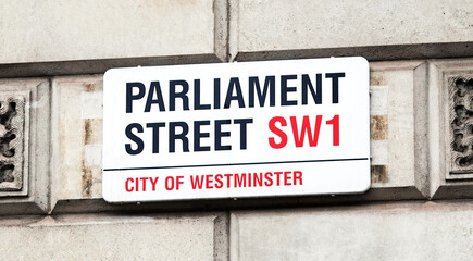 Fototapeta na wymiar Parliament Street sign in Westminster, London, SW1, UK. 