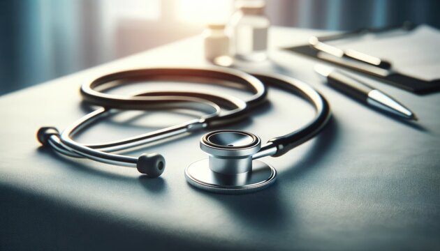 Close-up of a professional stethoscope on a clinical desk, illuminated by soft sunlight. 