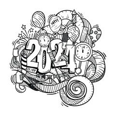 Doodle art with floral and new year celebration icons design for happy new year template design