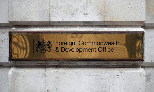 London, UK - March 15, 2023: Foreign, Commonwealth and Development Office brass nameplate on the wall of a government building in Westminster, London, UK. 