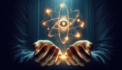 Ethereal depiction of quantum energy emanating from outstretched hands. The atomic orbits glow vibrantly, representing power, mystery, and the connection between science and spirituality. - obrazy, fototapety, plakaty
