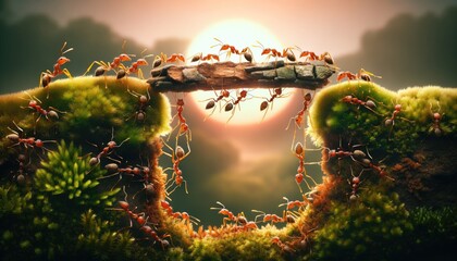 Captivating scene of ants traversing a wooden bridge amidst lush moss, illuminated by the warm glow of the setting sun. The image encapsulates the determination and teamwork of the ant colony.