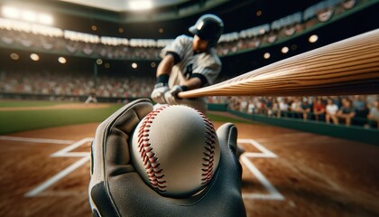 Dramatic close-up of a baseball player mid-swing, with the baseball in sharp focus, as anticipation builds in the stadium filled with eager fans.  - obrazy, fototapety, plakaty