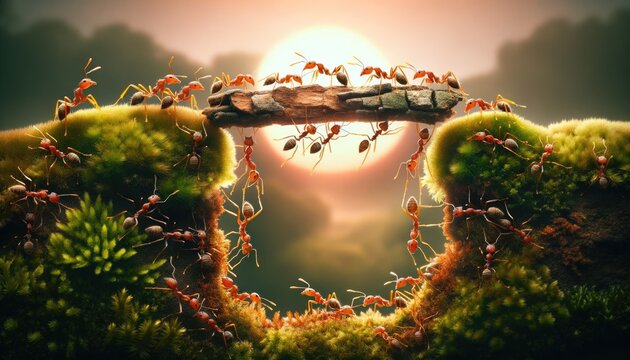 Captivating scene of ants traversing a wooden bridge amidst lush moss, illuminated by the warm glow of the setting sun. The image encapsulates the determination and teamwork of the ant colony.