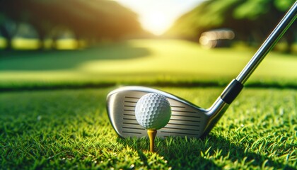 Close-up of a golf ball perched on a tee, with a polished clubhead poised for the swing. The sunlit green and focused perspective evoke the essence of a day at the golf course. - obrazy, fototapety, plakaty