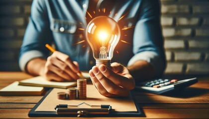 A creative representation of financial planning, showing a glowing light bulb in hand, signifying a bright idea, alongside coins, a notepad, and calculator, emphasizing financial strategy and growth. - obrazy, fototapety, plakaty