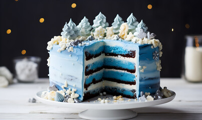 Elegant layered birthday cake with blue and white frosting, chocolate pieces, and decorative sweets.