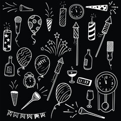 Icon set of new year celebration in hand drawn design for happy new year template design