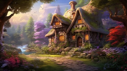 Whimsical cottage nestled amidst blooming forest with river stream and birds in flight. Enchanted woodland dwelling. - obrazy, fototapety, plakaty