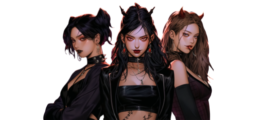 Thrilling Composition of a Female Vampire in K-Pop Style with cutout PNG, Two women in Halloween costume, anime art style , vector art 