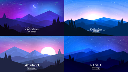 Night landscape, flat style. Morning, evening and night. Vector illustration. Mountains with hills and forest. Beautiful starry sky. Design for wallpaper, postcard, poster, banner, invitation.
