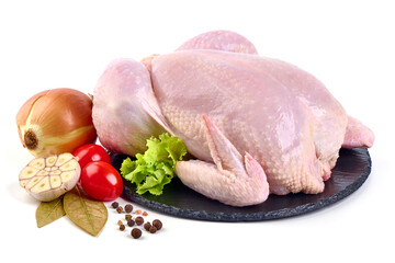 Raw whole chicken broiler, isolated on white background.