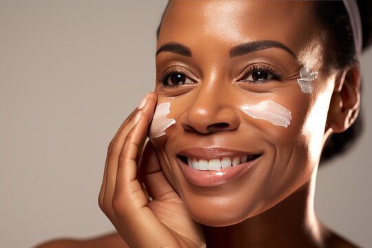 Close-up of middle-aged African American woman touching her face to apply moisturizer. Smiling face of adult colored lady with daily cream, facial cosmetics. Skin care. Grey background, copy space.