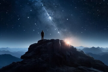 Fototapeta premium Man standing on top of mountain and looking at galaxy. Mixed media