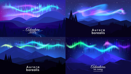 Set of night auroras landscapes. Beautiful aurora borealis. Design for wallpaper, poster, banner, invitation. Vector illustration. © Goldenboy_14