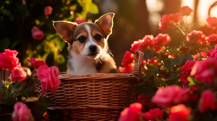 春の暖かい日差しの中、カゴに入って遊ぶ子犬とピンクのバラ