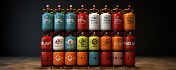 Fototapeta premium gas bottles in row at diverse colors. Lpg or Propane tanks filled with gass.