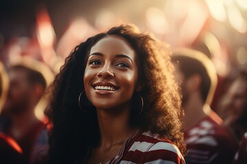 Close-up portrait of beautiful African American girl dressed in colors of American flag in front of a festive crowd. Cheerful smiling young woman celebrating Independence Day 4th of July.