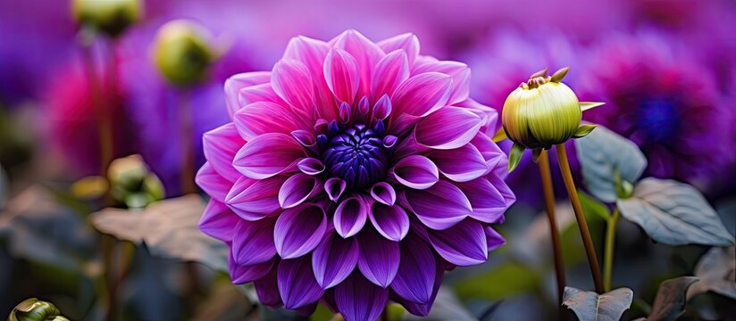 A close up photograph captures the vibrant colors of a stunning dahlia flower showcasing its brilliant purple violet and lilac petals The formal decorative variety stands out among a backdro