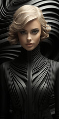 Fashion Model Frau Gesicht im futuristischer Vogue Kleidung in schwarz weiß Stil mit abstrakten Hut im Hochformat, ai generativ