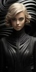 Papier peint photo  Fashion Model Frau Gesicht im futuristischer Vogue Kleidung in schwarz weiß Stil mit abstrakten Hut im Hochformat, ai generativ  © www.freund-foto.de
