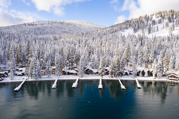 Waterfront Homes on Lake Tahoe Covered in Snow in Winter 