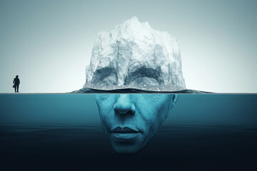 Conceptual image of human head with iceberg floating on water surface