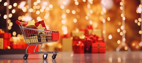 Generative AI, golden shopping cart with many gift boxes on red background with glittered bokeh, Christmas concept, discount and sale.	 - obrazy, fototapety, plakaty