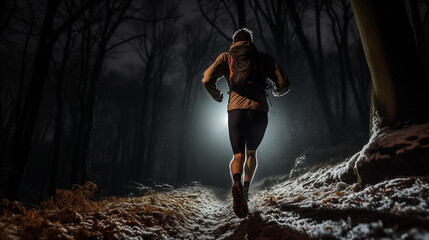 Trail runner doing a night run in a forest during the winter - obrazy, fototapety, plakaty
