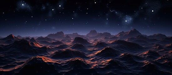 A dark background showcases an abstract landscape while a grid resembling cyberspace and a hi tech network enhance the visual The texture of the outer space with stars adds a three dimensio - obrazy, fototapety, plakaty