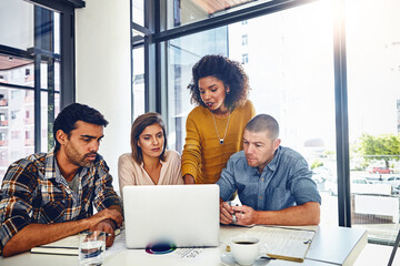Web design, strategy and team in office with laptop, market research or problem solving in...