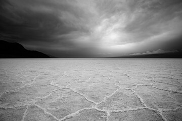 Badwater Basin in Death Valley on Cloudy Day - Black & White