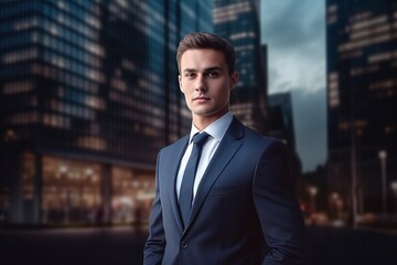 Fototapeta na wymiar Portrait of a handsome young man in a business suit standing on the background of the night city