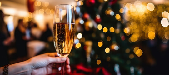 Raising a toast with a glass of champagne at Christmas party - obrazy, fototapety, plakaty